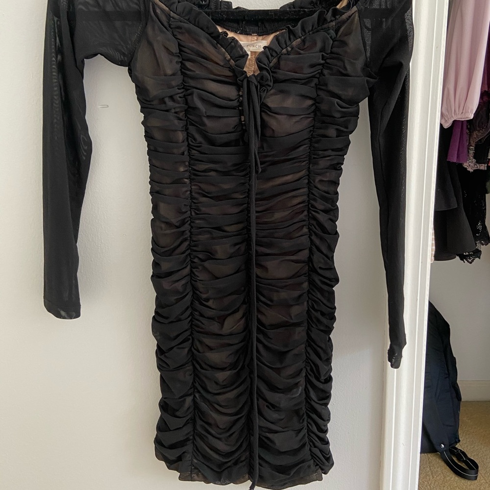 Black Sheer Ruched Long Sleeve Mini Dress
